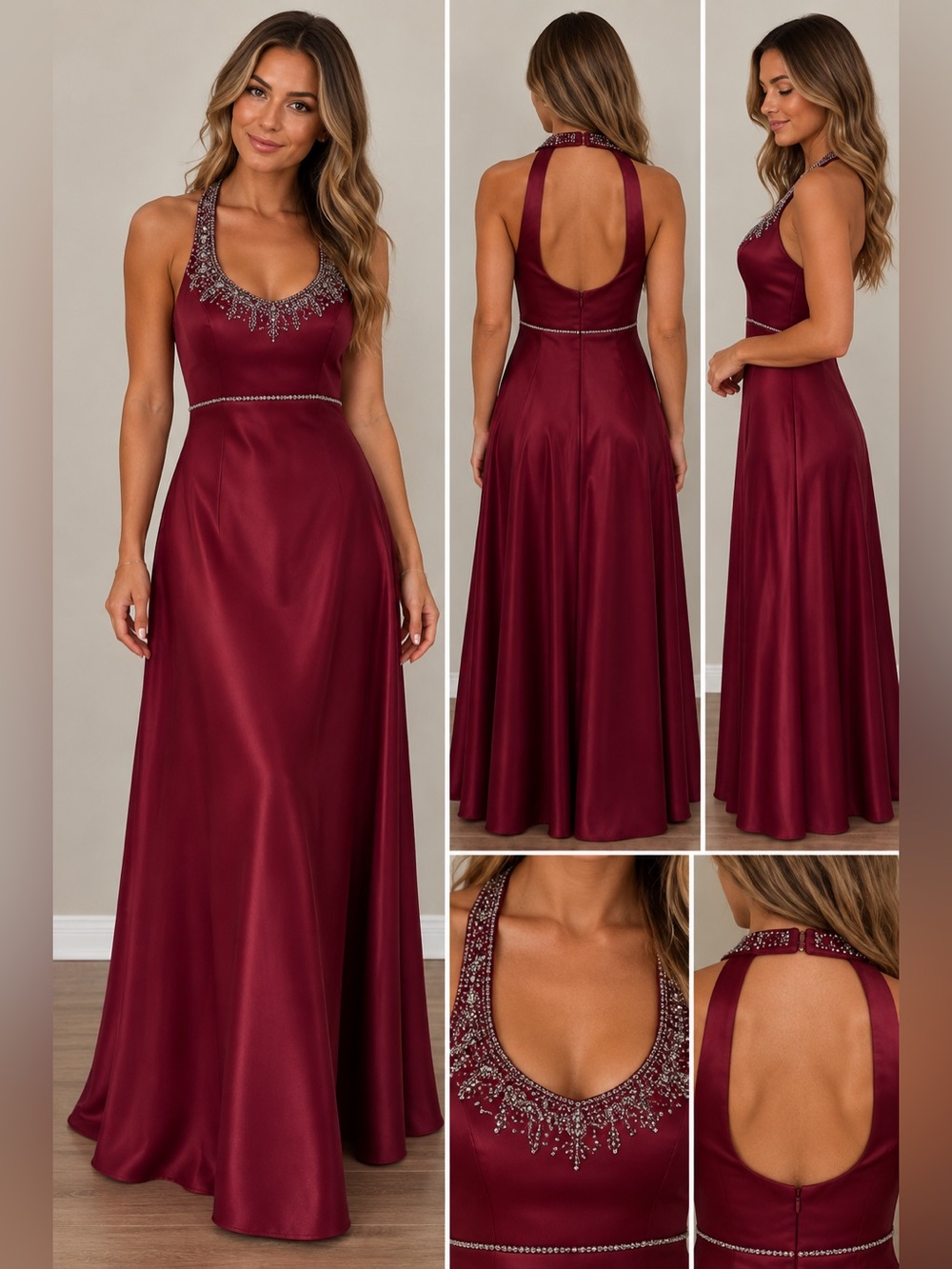 * Pinky & Me Burgundy Satin Beaded Halter Neck Prom Dress (Size 6)